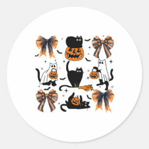 Pegatina Redonda Coqueta de Halloween para gato negro dobla calabaz