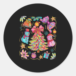 Pegatina Redonda Coqueta de Navidad Elegante Lazo Encaje Alegre Nav