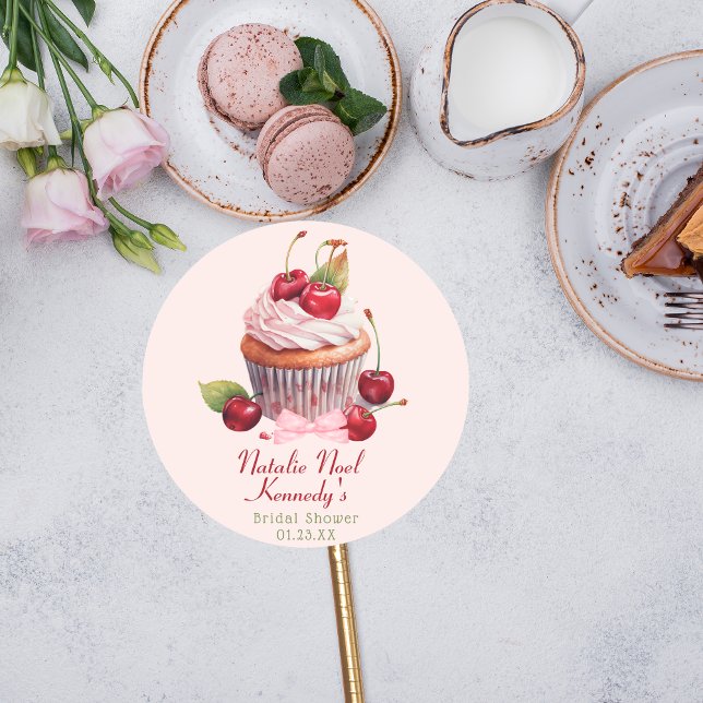 Pegatina Redonda Coqueta Estética Tarta De Cereza De Lazo Rosa Chic (Subido por el creador)