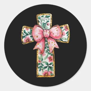 Pegatina Redonda Coqueta floral de la cruz cristiana dobla religión