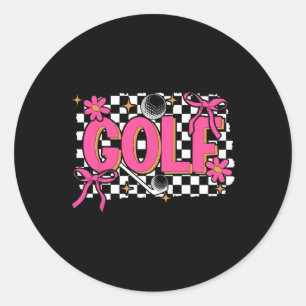 Pegatina Redonda Coqueta Floral Retro Lazo Golf Golfista Chica Muje