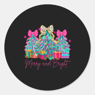 Pegatina Redonda Coqueta Merry And Bright Lazo Navidad Árbol Mujere