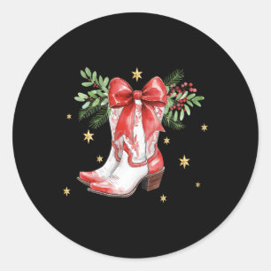 Pegatina Redonda Coqueta retro Feliz Navidad Bow Cowgirl Boots W