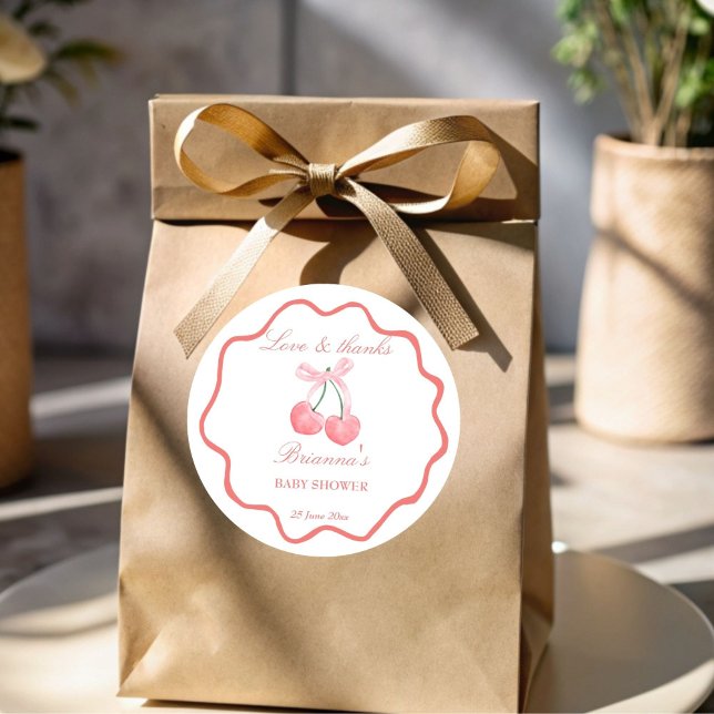 Pegatina Redonda Coqueta rosa de cerezo ducha de bebé (Cherry pink coquette baby shower favor stickers personalized thank you favor stickers)