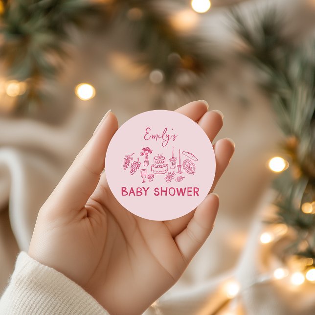 Pegatina Redonda Coqueta rosa moderna ducha de bebé de mano (Subido por el creador)