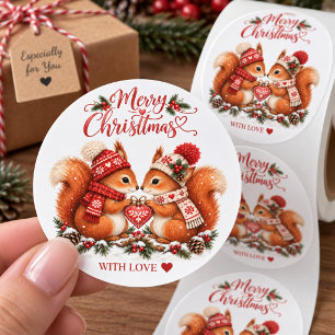 Pegatina Redonda Coquetos Squirrels Nórdicos de Navidad con Amor