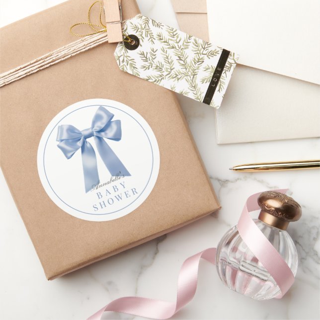 Pegatina Redonda Coquette Blue Bow Ribbon Boy Baby Shower (Regalar)