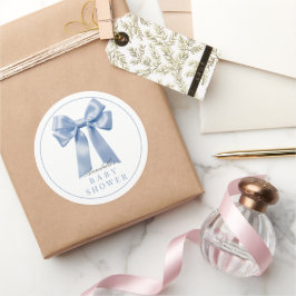 Pegatina Redonda Coquette Blue Bow Ribbon Boy Baby Shower