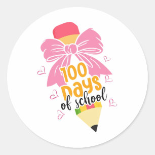 Pegatina Redonda Coquette Bow 100 Días De Lápiz Escolar 100 Días T
