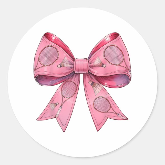 Pegatina Redonda Coquette Bow Badminton Shuttle Racket Cinta rosa (Anverso)