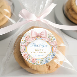 Pegatina Redonda Coquette Bow Bloom Baby Shower Thank You