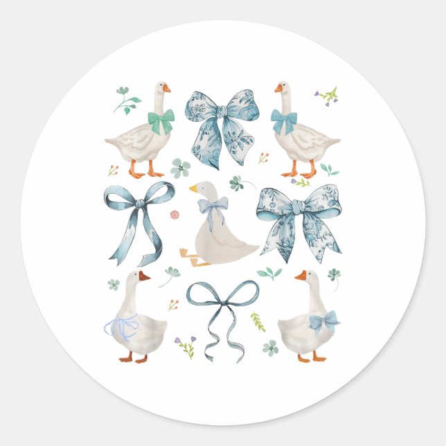Pegatina Redonda Coquette Bow Blue Ribbon Goose with Hearts de los  (Anverso)