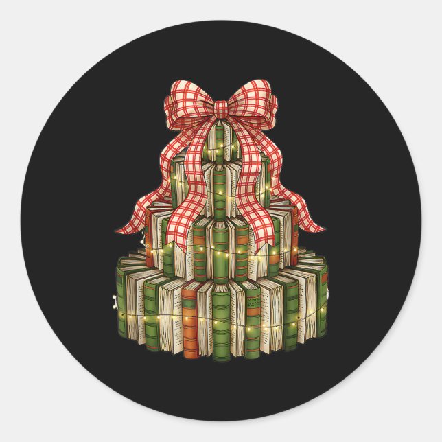 Pegatina Redonda Coquette Bow Christmas Books Xmas Tree Librarian  (Anverso)