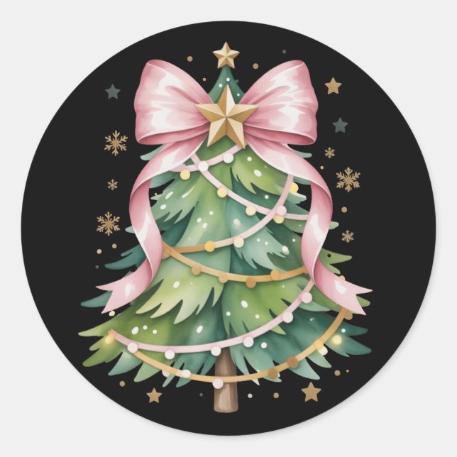 Pegatina Redonda Coquette Bow Christmas Tree Holiday Girly Cute (Anverso)