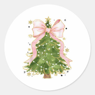 Pegatina Redonda Coquette Bow Christmas Tree Holiday Outfit W
