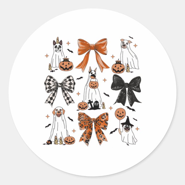 Pegatina Redonda Coquette Bow Cute Fantasma Perros Halloween Calaba (Anverso)