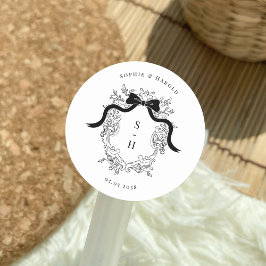 Pegatina Redonda Coquette Bow Escudo Monograma Boda francés