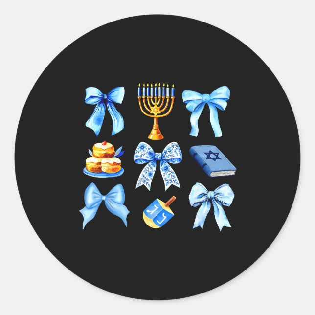 Pegatina Redonda Coquette Bow Jewish Holiday Chanukah Hanukkah Meno (Anverso)
