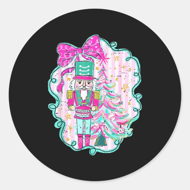 Pegatina Redonda Coquette Bow Pink Nutcracker Christmas Holiday Mer (Anverso)