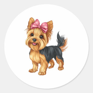Pegatina Redonda Coquette Bow Yorkshire Terrier Dog Yorkie Mom Chic