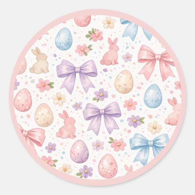 Pegatina Redonda Coquette Bunny & Pink Bows Easter Sticker Sheet (Anverso)