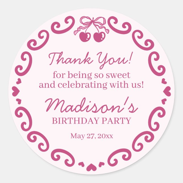 Pegatina Redonda Coquette Cherry Cake Pink Retro Heart Coquette (Anverso)