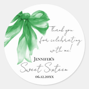 Pegatina Redonda Coquette de lazo verde Script Sweet 16 Gracias