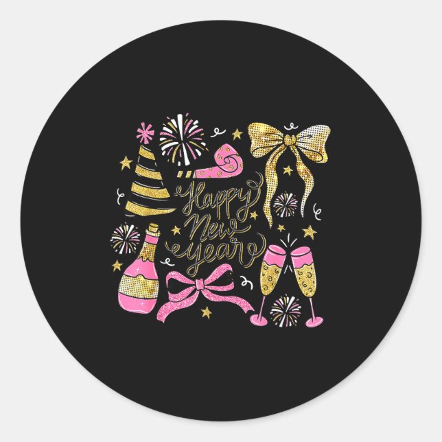 Pegatina Redonda Coquette Happy New Year 2026 Champagne New Year's  (Anverso)