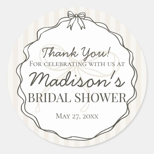 Pegatina Redonda Coquette negra Bow Beige Bridal Shower Favor (Anverso)