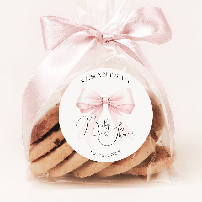 Pegatina Redonda Coquette Pink Bow Baby Shower (Subido por el creador)