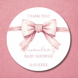 Pegatina Redonda Coquette Pink Bow Baby Shower Gracias