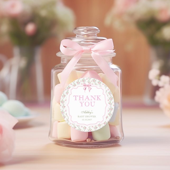 Pegatina Redonda Coquette Pink Bow Chica Baby Shower Gracias (Subido por el creador)