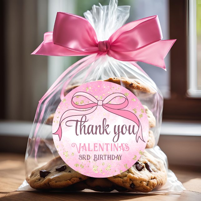 Pegatina Redonda Coquette Pink Bow Gold Purpurina Script Gracias (Subido por el creador)