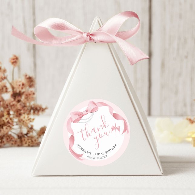 Pegatina Redonda Coquette Pink Bow & Pearls Bridal Shower Favor (Cute watercolor coquette bows and pearls feminine pink wedding bridal shower favor thank you sticker)