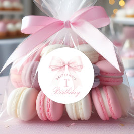 Pegatina Redonda Coquette Pink Bow Primer Cumpleaños