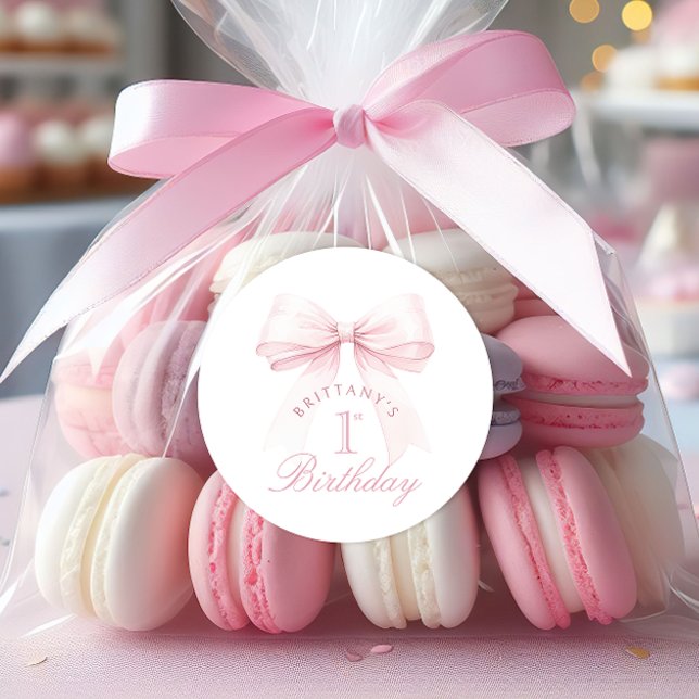 Pegatina Redonda Coquette Pink Bow Primer Cumpleaños (Subido por el creador)