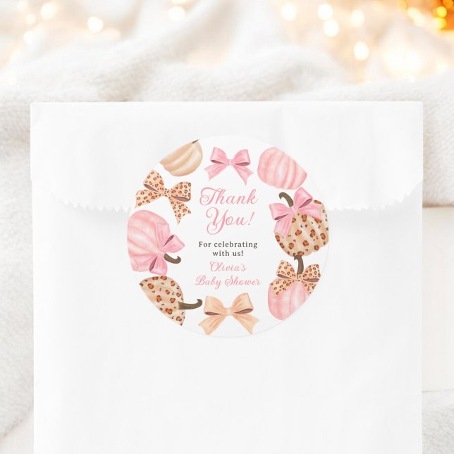 Pegatina Redonda Coquette Pink Bow Pumpkin Baby Shower Gracias (Coquette Pink Bow Pumpkin Baby Shower Thank You Classic Round Sticker)