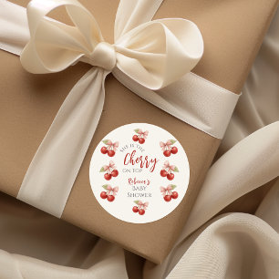 Pegatina Redonda Coquette Pink Bow Red Cherry en Baby Shower superi