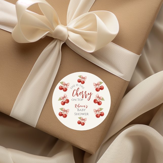 Pegatina Redonda Coquette Pink Bow Red Cherry en Baby Shower superi (Subido por el creador)