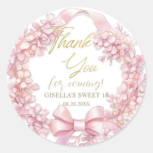 Pegatina Redonda Coquette Pink Ribbon Bows Dulce Dieciséis 16 (Anverso)