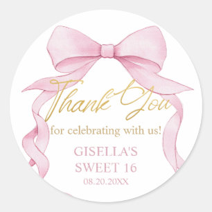 Pegatina Redonda Coquette Pink Ribbon Bows Dulce Dieciséis 16