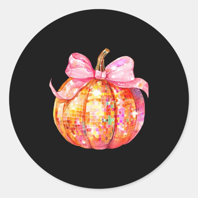Pegatina Redonda Coquette Pumpkin Bow Disco Ball Cute Girly Hallowe (Anverso)