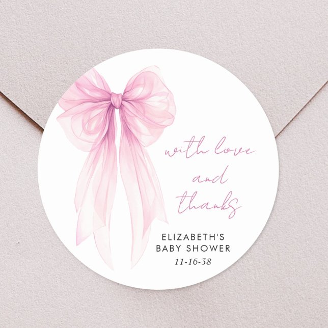 Pegatina Redonda Coquette Rosa Bow Baby Shower Gracias (Subido por el creador)