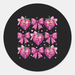 Pegatina Redonda Coquette rosa Retro Groovy Bow Strawberry Valentin