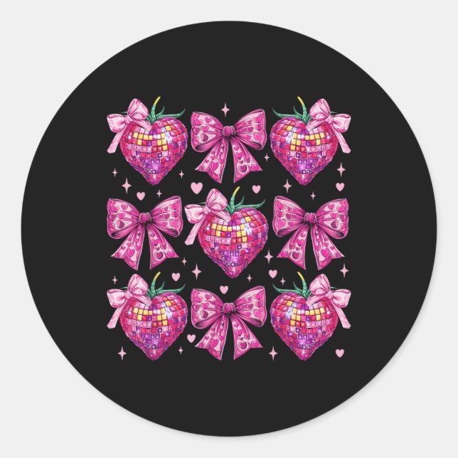 Pegatina Redonda Coquette rosa Retro Groovy Bow Strawberry Valentin (Anverso)