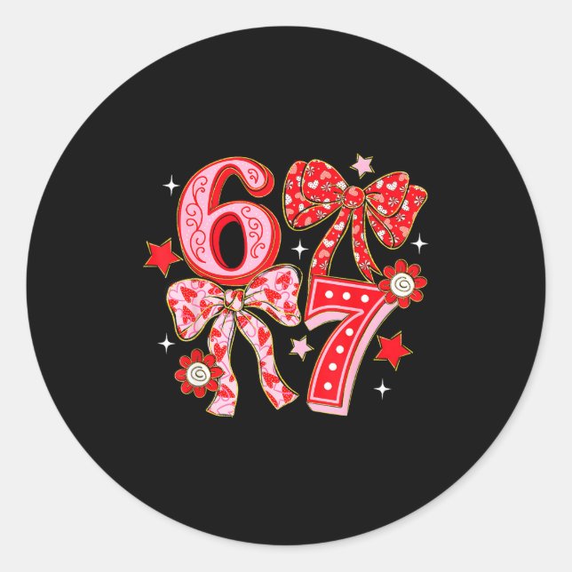 Pegatina Redonda Coquette Valentine 67 Six Seven Bow Valentines 6 7 (Anverso)