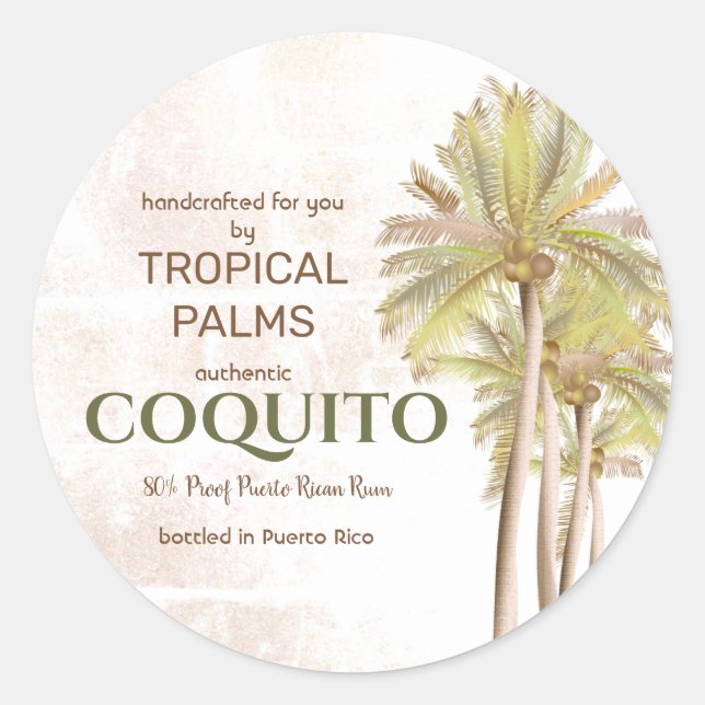 Pegatina Redonda Coquito Coco Palma Tropical (Anverso)