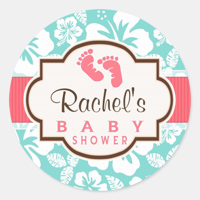 Pegatina Redonda Coral, Aqua Tropical Baby Shower (Anverso)