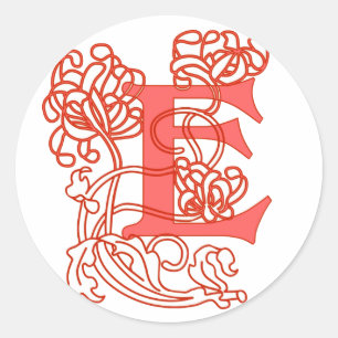 Pegatina Redonda Coral Art Nouveau Monograma de Floral Letra E