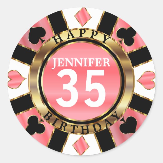 Pegatina Redonda Coral Casino Poker Chip Birday Party (Anverso)